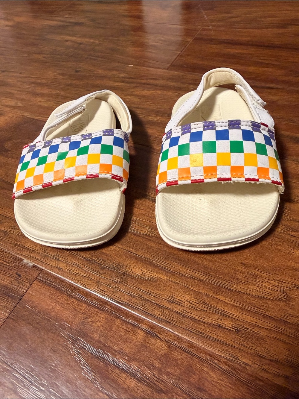 Vans White Toddler Sandals with Rainbow Checker Strap